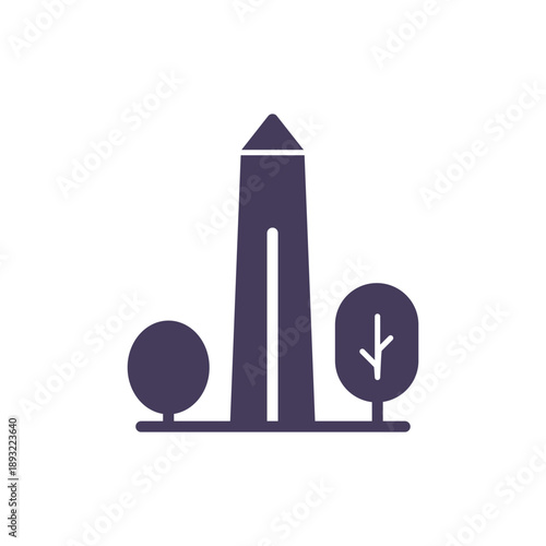 Washington Monument Icon, Obelisk Landmark with Trees, Solid Glyph Vector Symbol for USA History, Memorial, Patriotism and Tourism.
