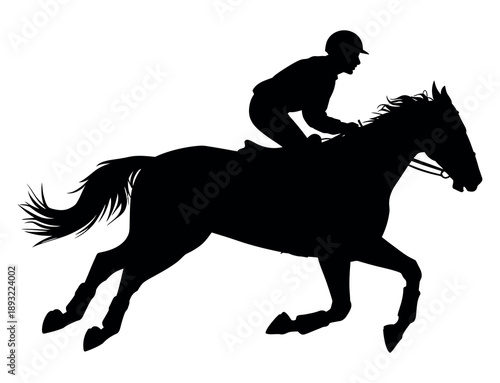 Dynamic Horse and Rider Silhouette featuring a powerful galloping pose captured in a sleek black vector profile for sports and equestrian branding.