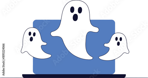 Spooky Ghosts Haunting a Blue Laptop Screen with a White Background
