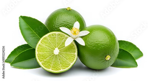 Fresh green limes with vibrant leaves and a delicate blossom on a crisp white background