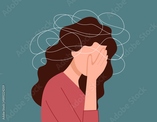 Depressed young woman with hands covering face feeling exhausted and having a breakdown with brain fog, migraine and mental health issues and problems vector illustration