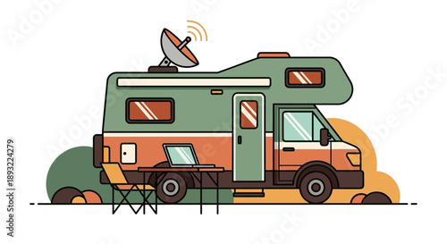 Cartoon Camper Van with Picnic Table and Satellite Dish in Bright Colorful Illustration of Outdoor Adventure