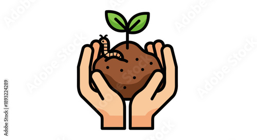 Hands cradling a tiny sprouting plant with a worm, cartoon illustration, nurturing growth, white background, gentle palms