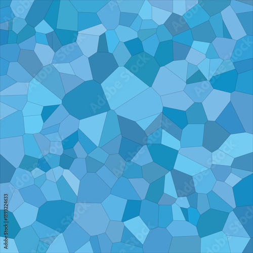 A vibrant geometric pattern displays various shades of blue polygons connected by dark lines creating a uniform mosaic