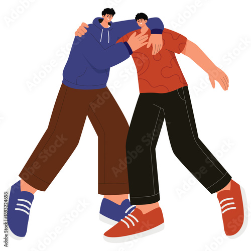 Relationship Illustration. Vector illustration of Two friends walking with arms around each other, representing emotional support, teamwork, and close companionship. Isolated on background