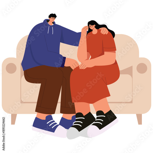 Relationship Illustration. Vector illustration of Man comforting sad woman on sofa, representing emotional support, care, and relationship empathy during difficult moments. Isolated on background