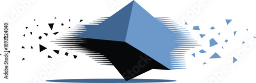 Abstract Geometric Shape Dissolving into Triangles and Lines on White Background