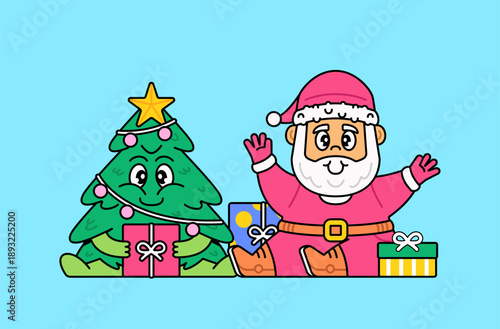 Santa Claus waving beside a smiling Christmas tree holding gift boxes represents Christmas celebration, holiday season, winter festivity, and joyful gifting moments cartoon illustration vector