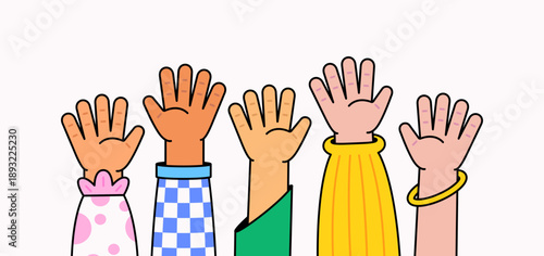 Diverse raised hands teamwork and participation cartoon illustration vector hand drawn style