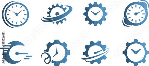 Collection of Blue Clock and Gear Representing Time and Industry