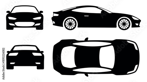 Multi-View Sports Car Silhouette Set featuring sleek black vector outlines of a performance vehicle from side, front, rear, and top perspectives.