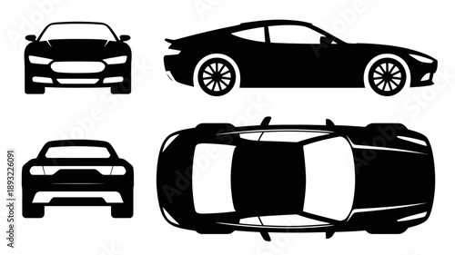 Sports Car Silhouette Vehicle Icon Set Side Front Back Top Views on White Background
