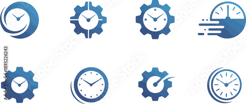 Collection of Blue Clock and Gear Representing Time and Efficiency