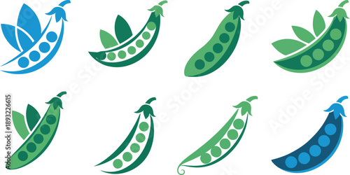 Collection of Stylized Pea Pod in Various Green and Blue Hues