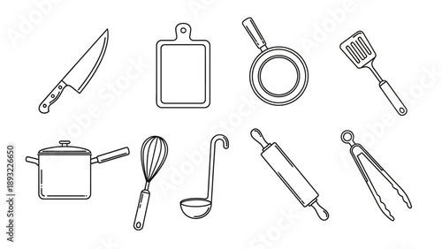 Set of clean line art kitchen utensils on white background.
