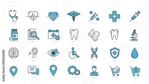 Collection of blue medical and healthcare icons on a white background.