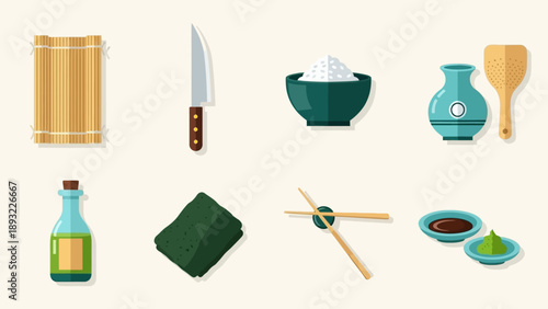 Flat illustration of sushi making ingredients and tools