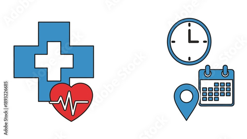 Medical health care icons with time and location planning elements