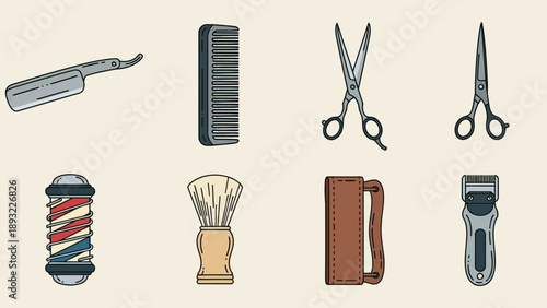 Collection of barber shop tools and grooming essentials