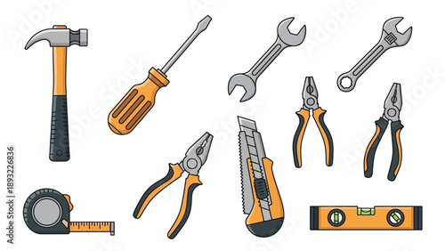 Collection of illustrated hand tools for repair and construction