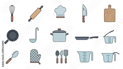 Collection of illustrated kitchen utensils and tools