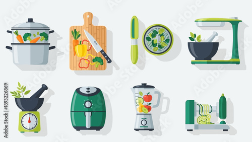 Collection of kitchen appliances and cooking utensils.