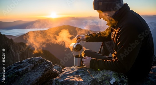 A hiker enjoying freshly brewed coffee while watching the sunrise from a mountain viewpoint.