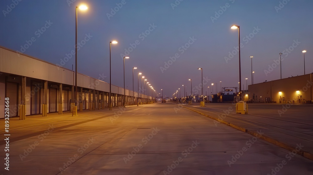 Fototapeta premium Empty industrial loading docks stretch into the distance under streetlights at dusk