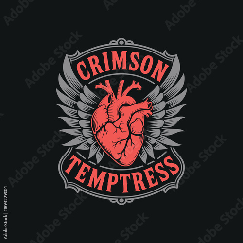 Crimson temptress, anatomical heart with wings and vintage frame, gothic style design