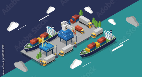 Isometric Cargo Ships Docked at Industrial Port Terminal.