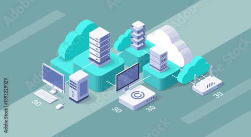 Isometric Cloud Computing Network with Servers and Devices.