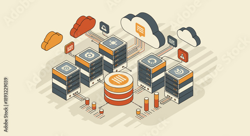 Isometric Illustration of Cloud Data Storage Servers.
