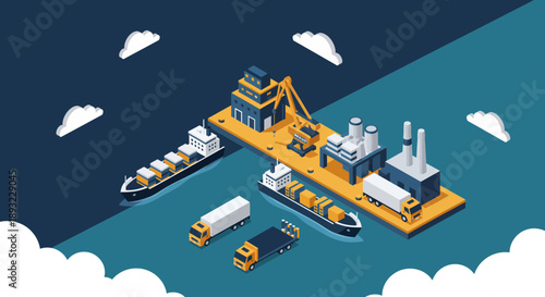 Isometric Industrial Port with Cargo Ships and Trucks.
