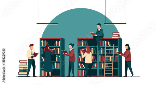 People Searching Books in Library Shelves Together.