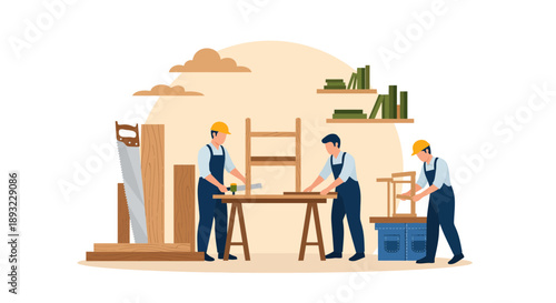 Three Workers Collaborating on Woodworking Project.