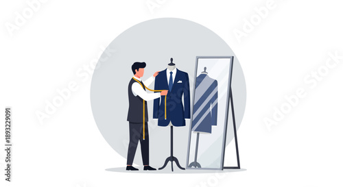 Tailor Adjusting Blue Suit Jacket on Mannequin.
