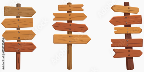 Rustic Wooden Directional Signpost Set featuring multiple empty arrow-shaped boards on timber poles, perfect for custom text and wayfinding designs.