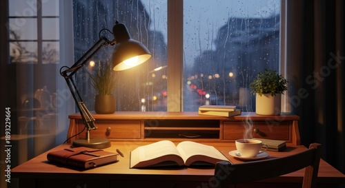 A cozy, dimly lit study with a desk, lamp, and books on a rainy day.
