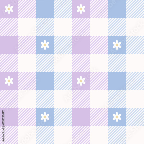 春らしいブルーと紫、小さな白いお花とチェック柄のシームレスパターン