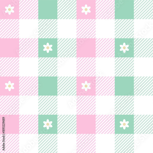 春らしいパステルピンクとグリーン、小さな白いお花とチェック柄のシームレスパターン