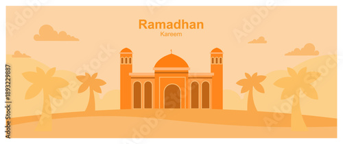 Minimalist Ramadan illustration featuring Islamic elements, mosque silhouettes. Suitable for banners, social media, posters, and festive backgrounds.
