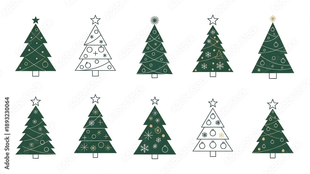 Obraz premium A decorative vector set of green pine and fir Christmas trees with stars and snowflakes for winter holiday celebrations and New Year forest nature illustrations