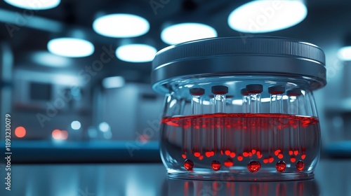 Crimson serum droplets collected in laboratory vials for medical research and scientific testing