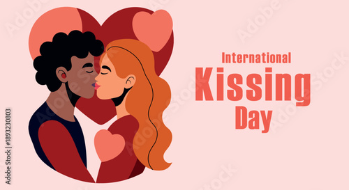 Celebrate international kissing day with a loving couple sharing a sweet kiss surrounded by hearts
