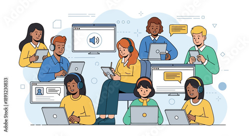 Diverse group of people collaborating and learning online with digital devices.