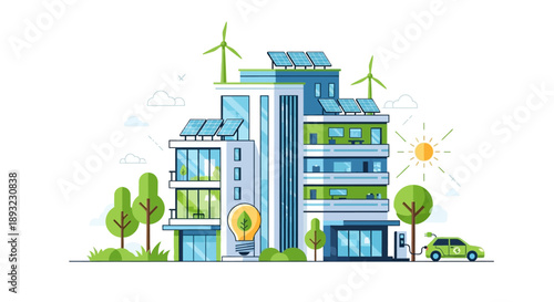 Modern eco friendly building with solar panels and wind turbines.