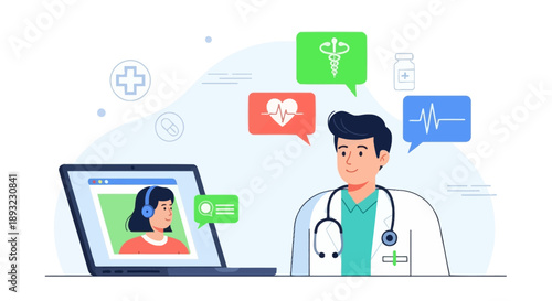 Doctor consulting patient online via laptop with medical icons