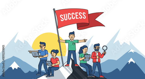 Business team reaching success on mountain top with flag