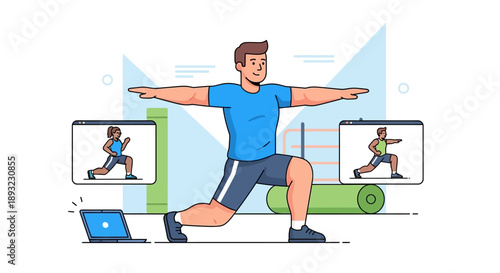 Man doing an online fitness workout at home with virtual trainers.