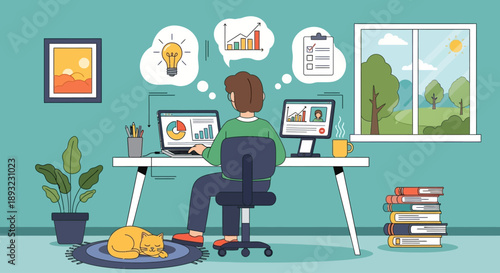 Person working remotely from a cozy home office with a laptop and cat.